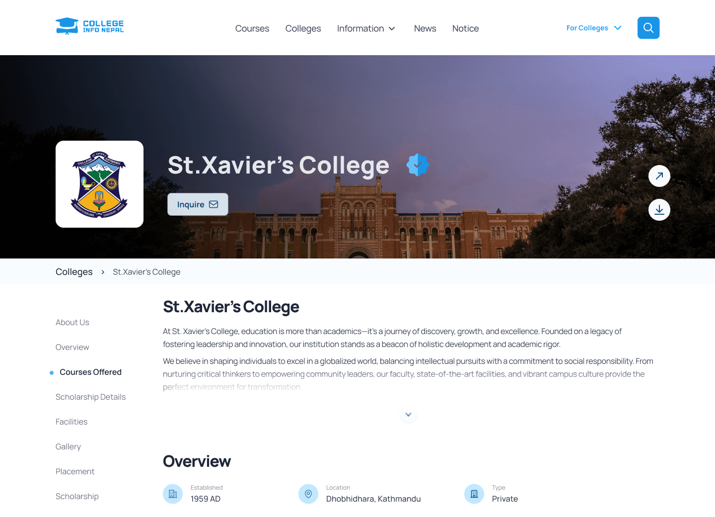 College profile page